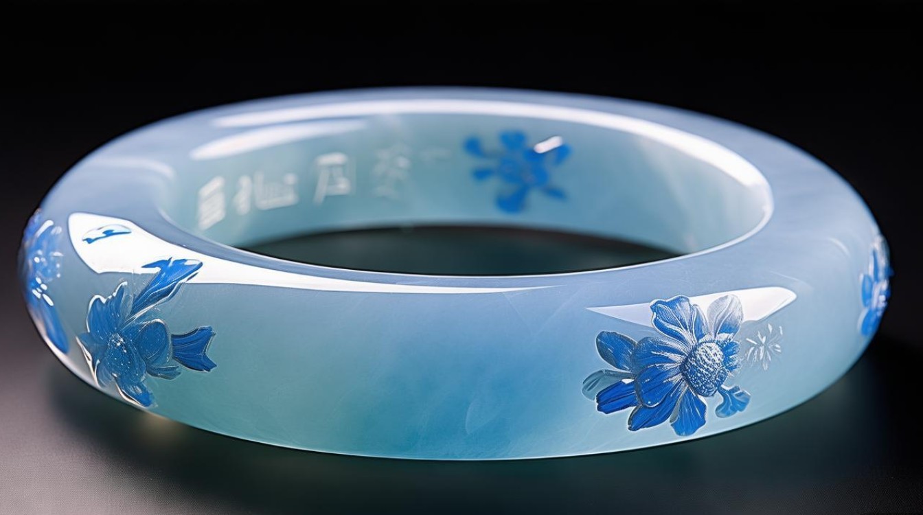 冰糯种翡翠飘蓝花手镯